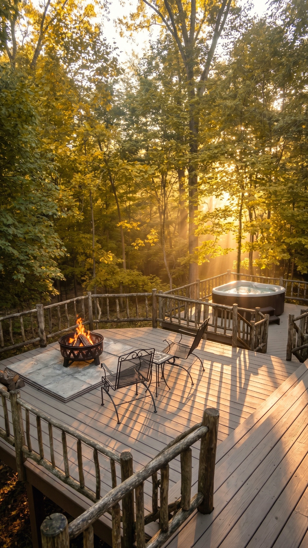 Cabin deck with fire pit and dining at golden hour