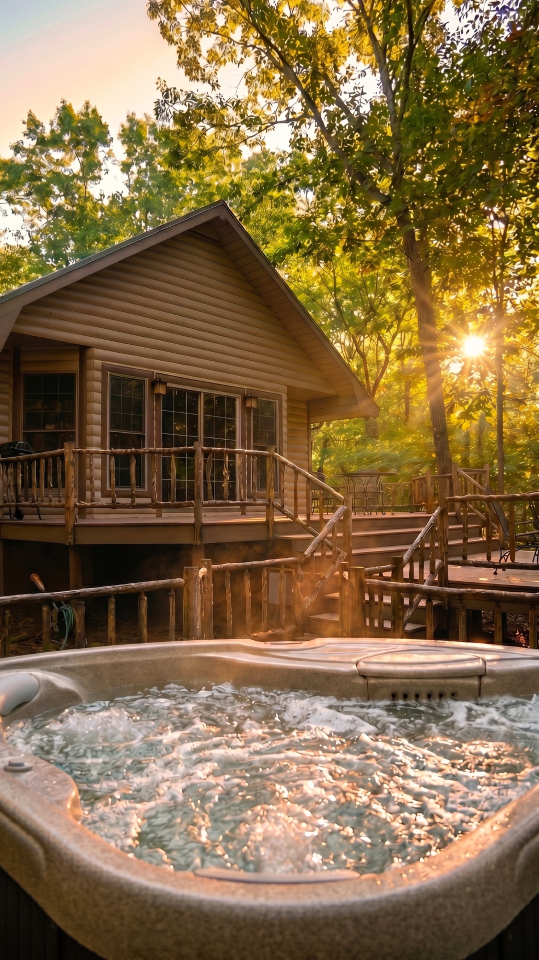 Hot tub steaming at sunset behind a Woodland cabin